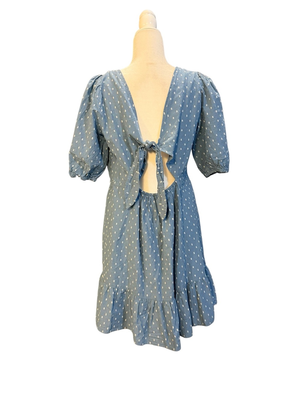 LOFT Cottagecore Blue Chambray Square-Neck Puff Sleeve Mini Dress Size 10 - Picture 6 of 9